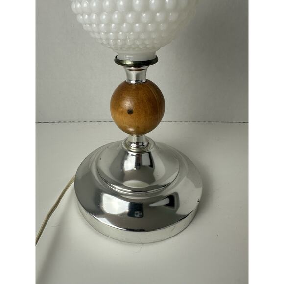 Vintage Mid Century Modern White Milk Glass Hobnail & Wooden Table Lamp - Picture 4 of 8